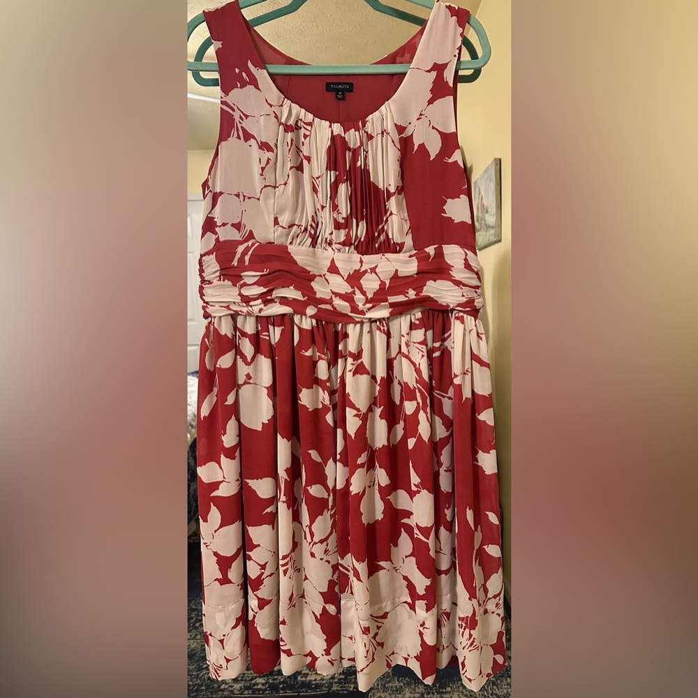 Talbot’s Terracotta Off White Floral Midi Sleeveless Dress Flowy, Slimming Sz 14